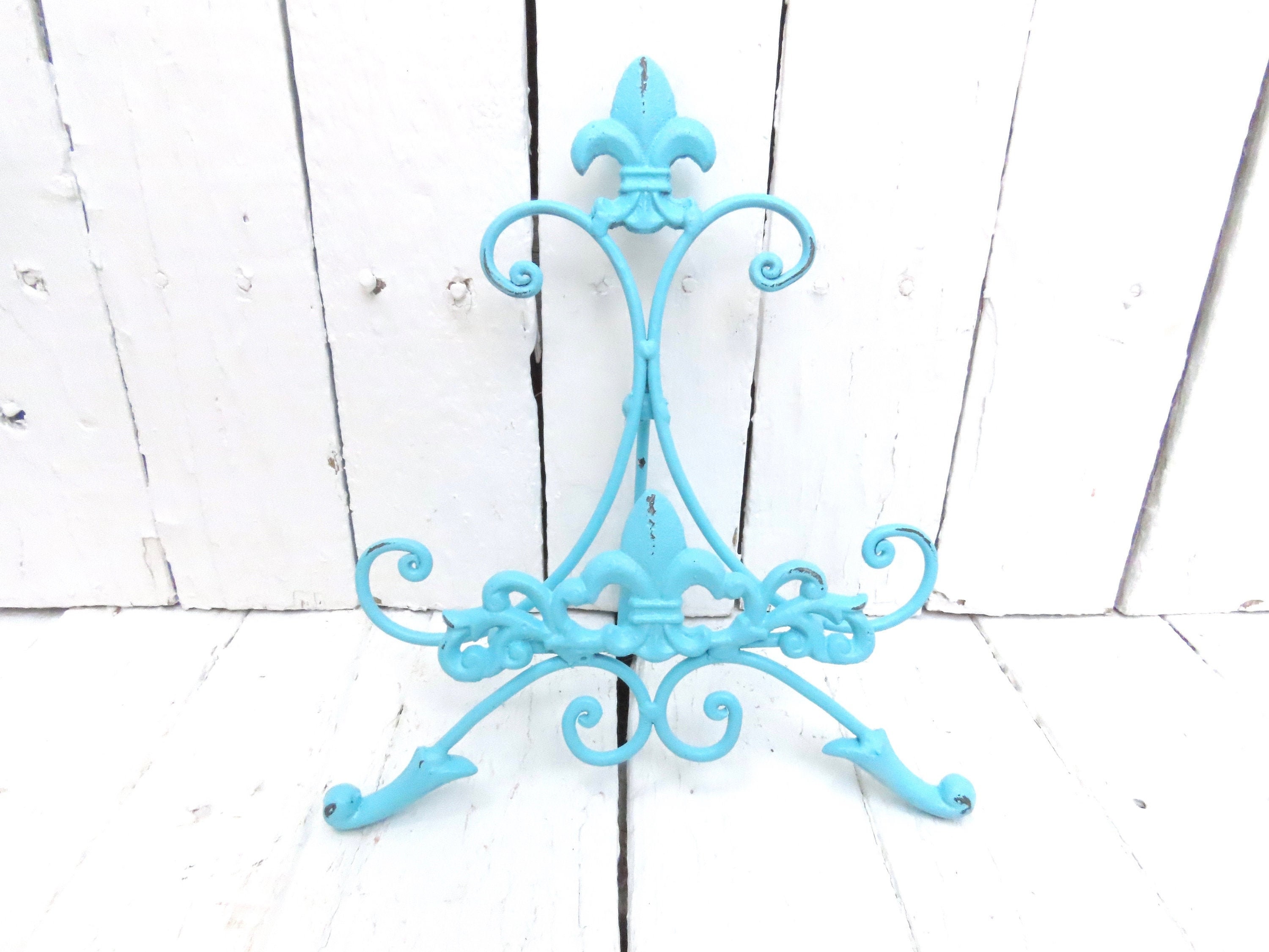 Picture Display Stand, Aqua Blue Metal Easel, Cook Book Art Prop, Shabby Chic Fleur De Lis Decor, Tabletop Easel