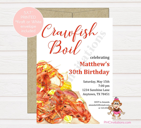 Custom Printed 5x7" Crawfish Boil Invitation, Crawfish, Cajun Seafood, Birthday, Baby Shower, Bridal Envelope Included