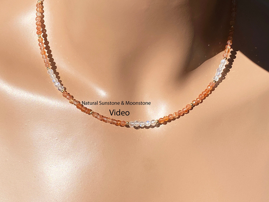 Natural Sunstone & Blue Moonstone Necklace/ Orange & Yellow Sparkle/Neon /sterling Silver/14 K Or Rose Gold