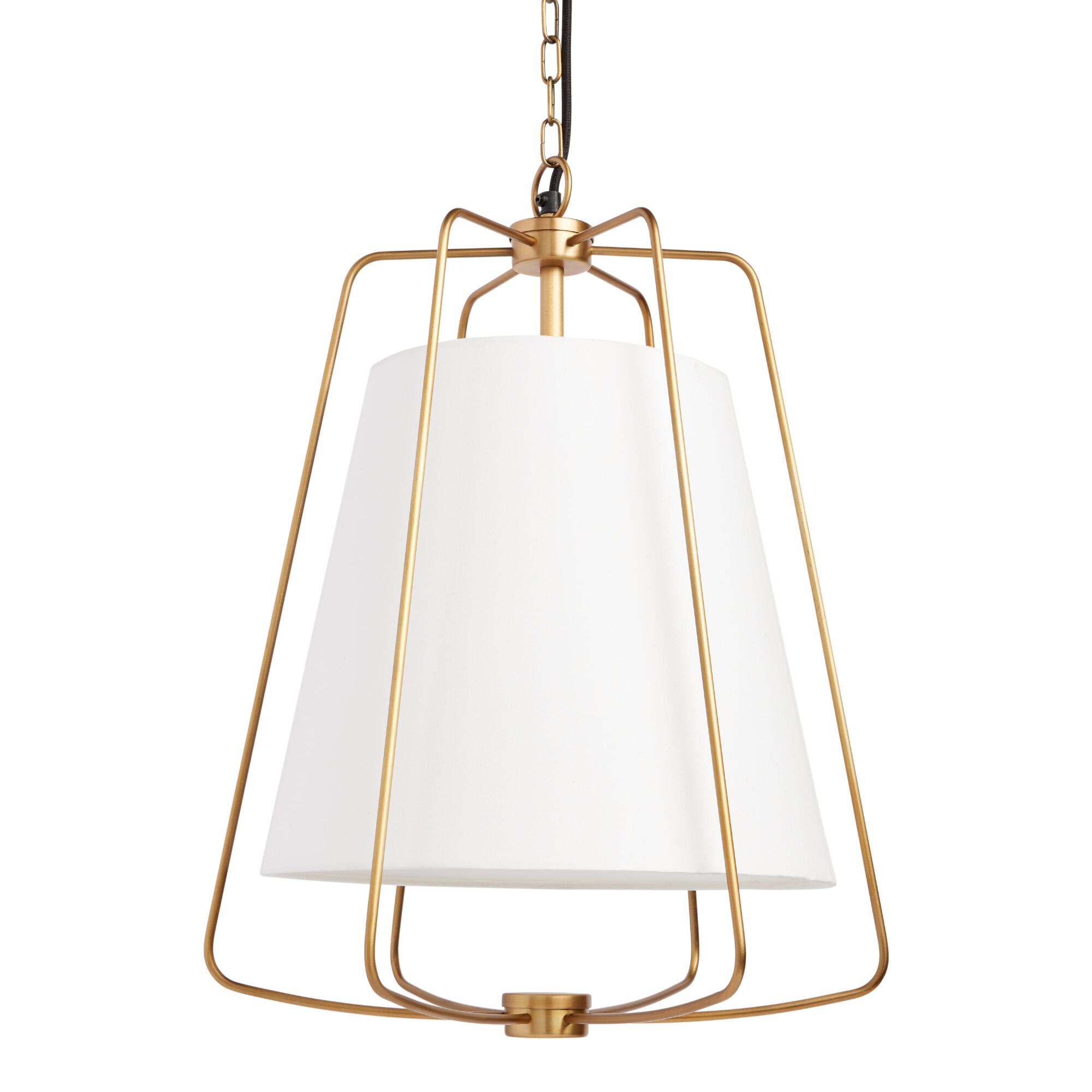 White Fabric and Antique Brass Cage Parker Pendant Lamp: White/Gold by World Market