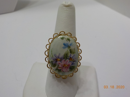 Vintage Large Oval Gold Tone Adjustable Ring | 7964 Hand Painted Prong Set Floral Cabochon