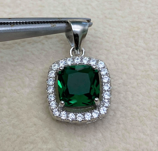 Vintage Sterling Silver Cushion Emerald & White Topaz Halo Pendant