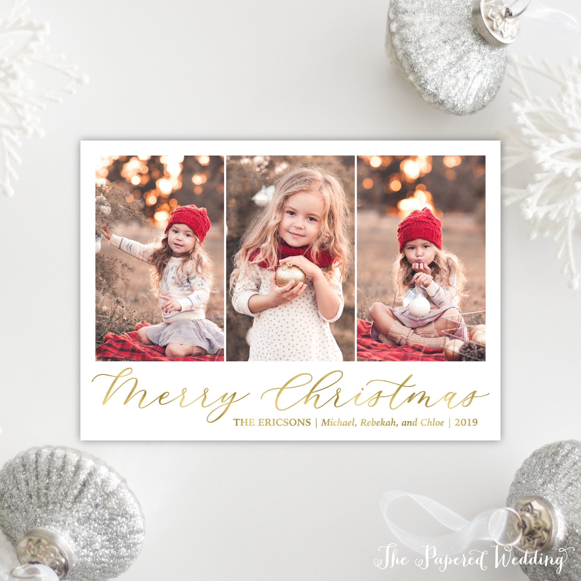 Printable Or Printed Gold Merry Christmas Cards With Three Pictures - Faux Foil Photo Collage Cards, Holiday Card 080 P3