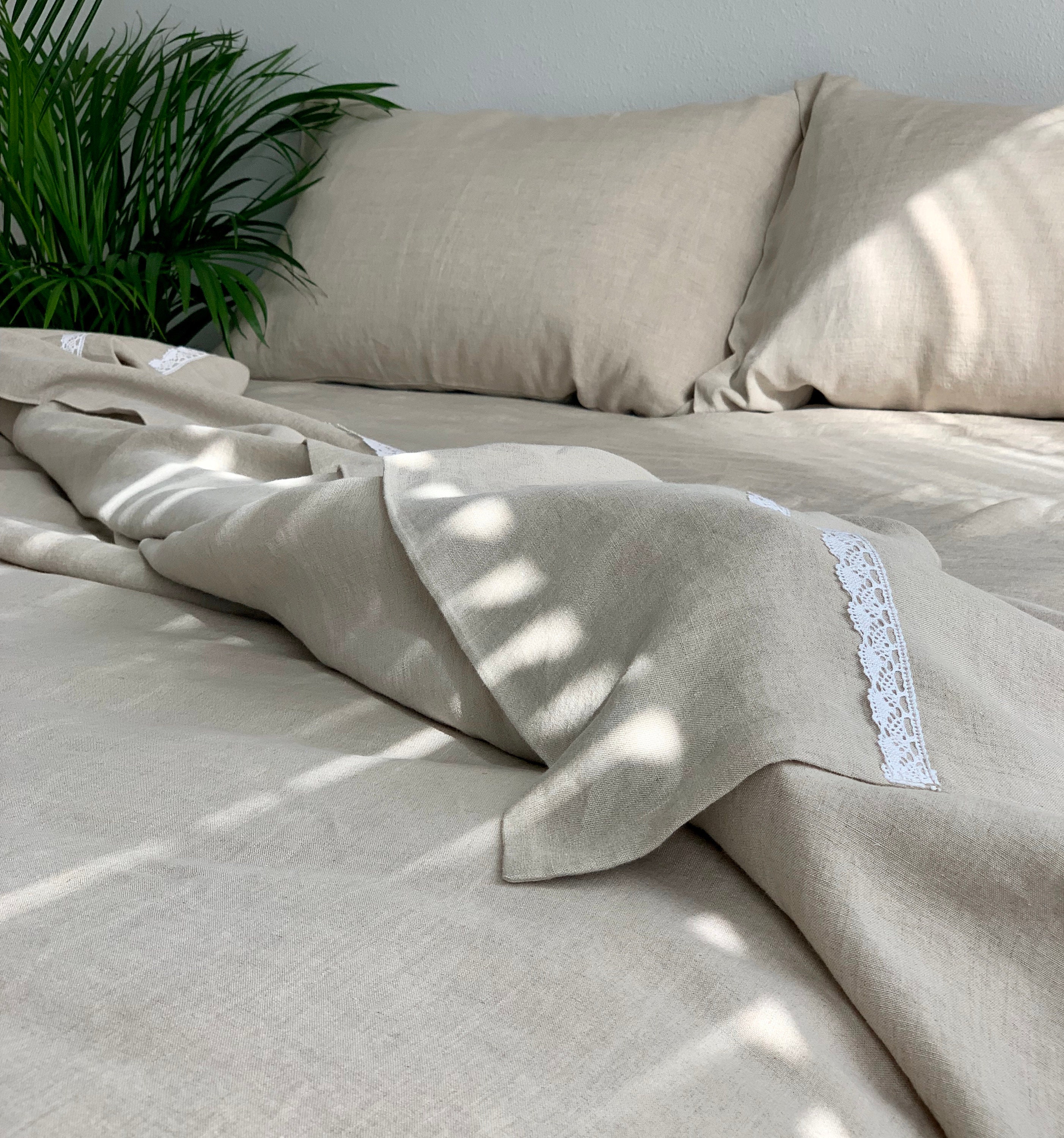 Linen Flat Sheet With Lace in White/Natural Blush Pink Light Blue