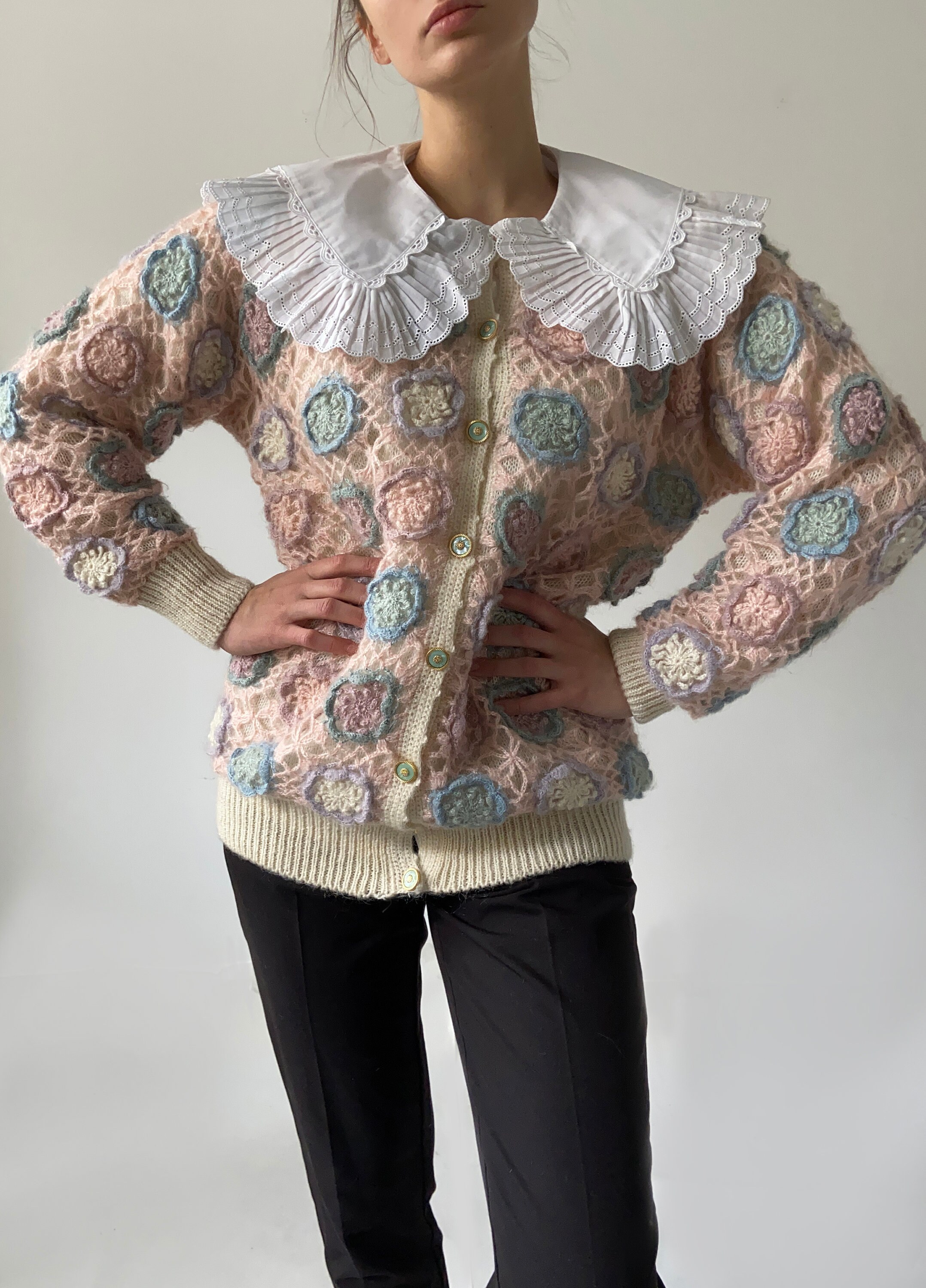 Gorgeous Mohair Blend Vintage Pink White Blue Pastel Cardigan Soft Trendy Gorgeous Jumper Jacket Top You San
