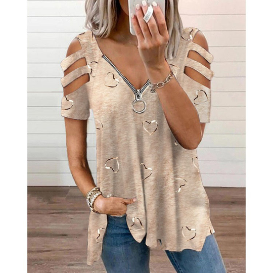 Casual Loosen V Neck Cotton Blend Geometric T-shirt - Khaki, 4XL - 4xl beige