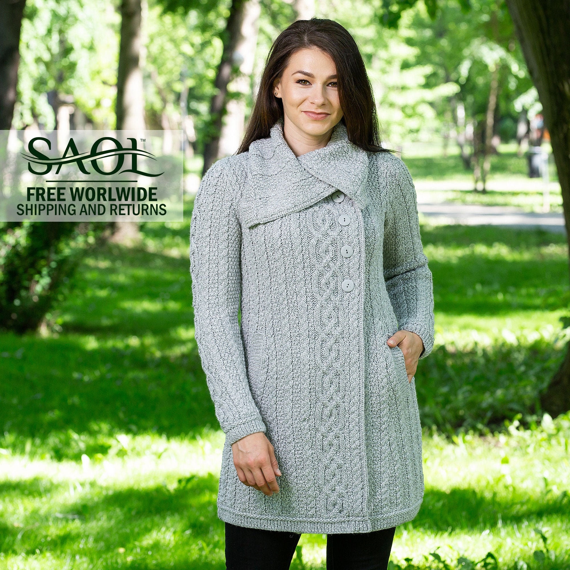 Irish Aran Cardigan, Merino Wool Blend Fisherman Womens Traditional Coat, Cable Knit Long Ireland Knitted Cardigan
