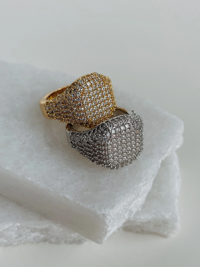 Square Diamond Signet Ring, Sparkling Cz Pave 18K Gold Statement Thick Wide Pinky Chunky Ring