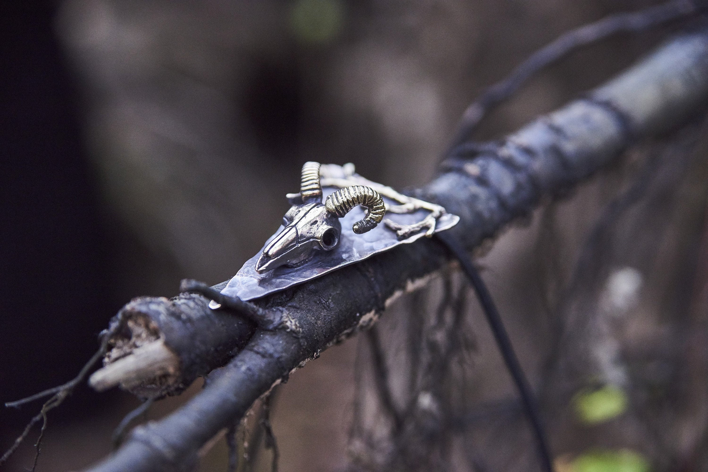 Ram Skull Necklace, Handmade Bronze, Occult Jewelry