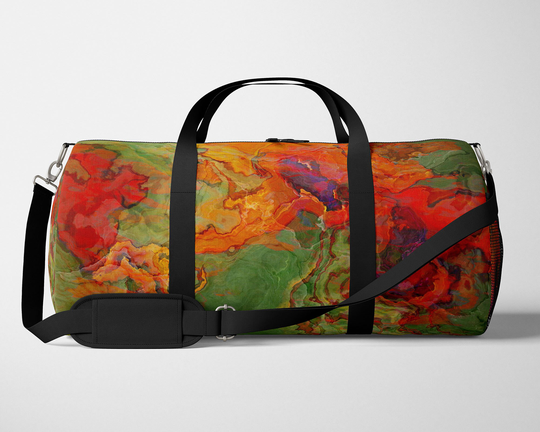 Travel Bag With Abstract Art, Lined Fabric Duffel Padded Strap, Overnight Weekender in Red, Orange, Green, Poppies