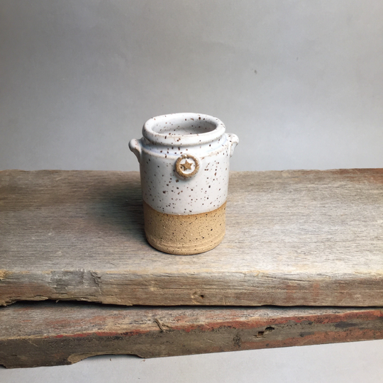 Handcrafted Miniature Stoneware Ceramic Pottery Crock With Tiny Lug Handles & Star Stamp