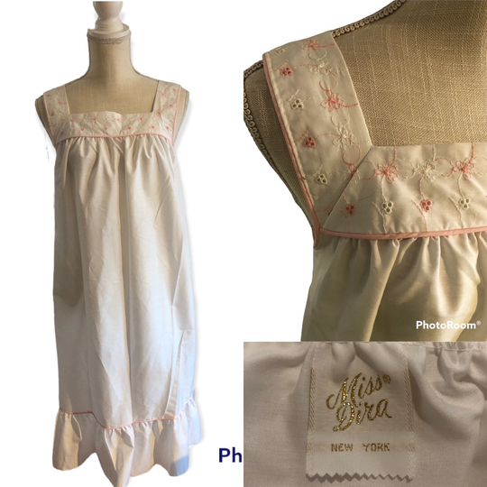 Vintage Miss Dira New York Cotton Blend White Pink Eyelet Embroidered Nightgown Dress Medium