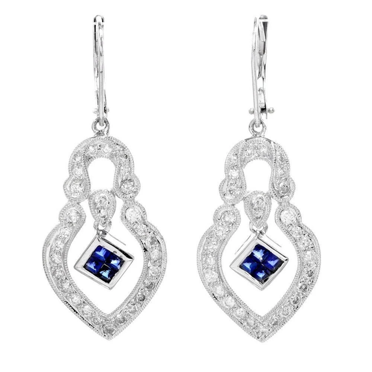 Estate Diamond & Sapphire White Gold Keyhole Shaped Milgrain Drop Earrings