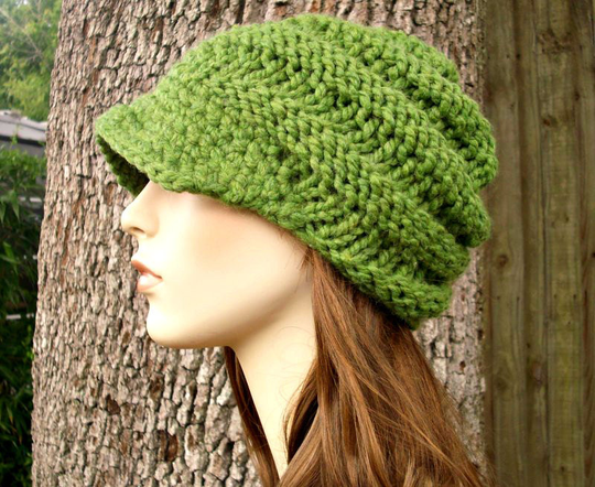Chunky Knit Hat, Newsboy Cap, Beanie, Womens Mens Winter Hat With Brim, Swirl Grass Green
