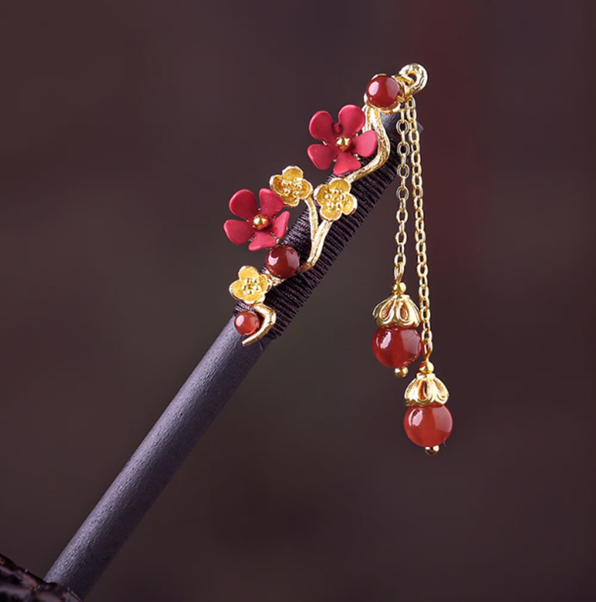 Vintage Wood Hair Stick Red Agate Pins with Tassel