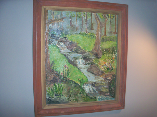 Large Vintage Hand Painted Nature Stream Woods Canvas Framed Green Beautiful Wall Art