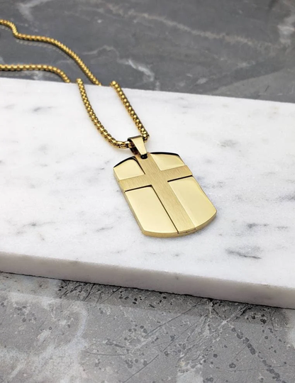Men's "Gold Cross Tag" Necklace| Gold Stainless Steel Cross Dog Tag Pendant Mens Box Chain Necklace