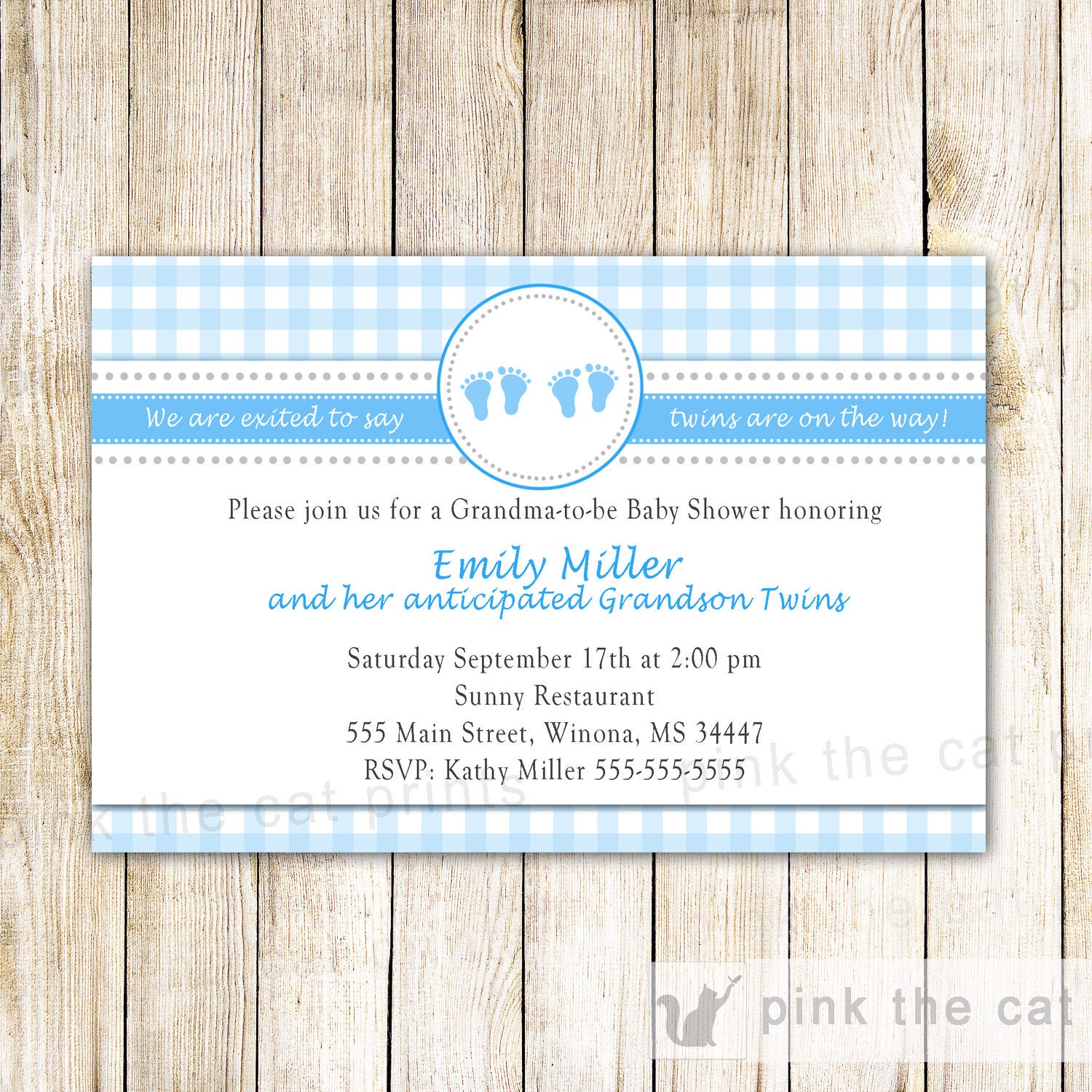 Grandma Baby Shower Invitation - Twins Blue Gingham Sprinkle Boy