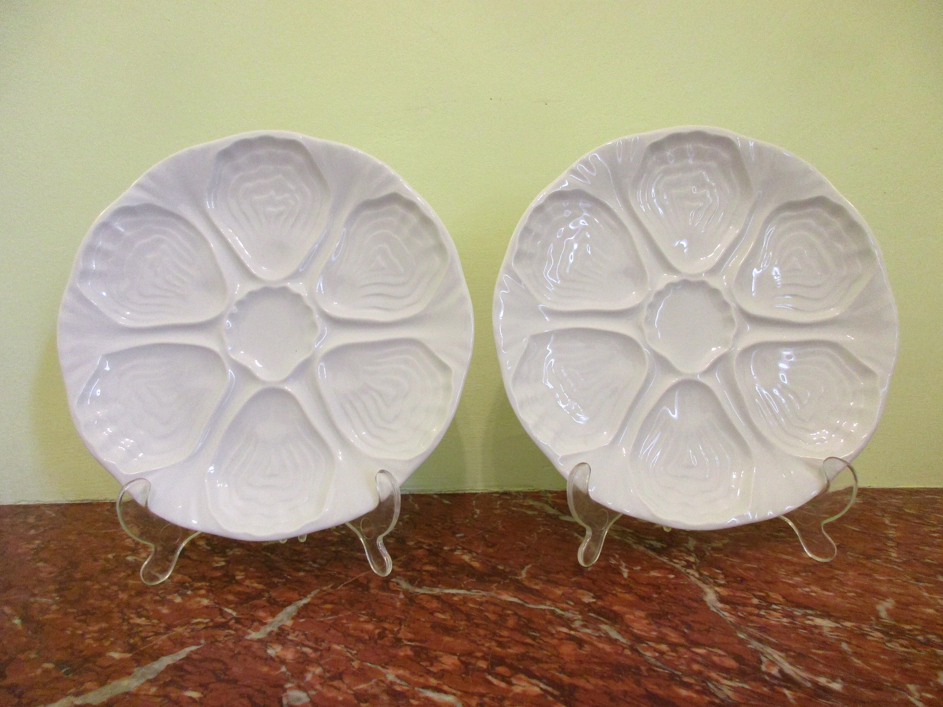 Set Of 6-Signed Limoges - 6 Sculpted Porcelain White Oyster Plates Each Plate Holds Oysters Or Seafood-Center For Sauce Mint Condition