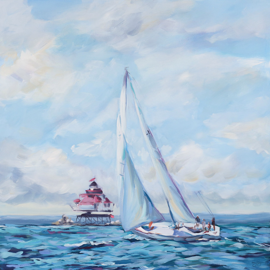 Original Sailboat Painting, "Sailboat Passing Thomas Point Lighthouse, " Large Square Coastal Art
