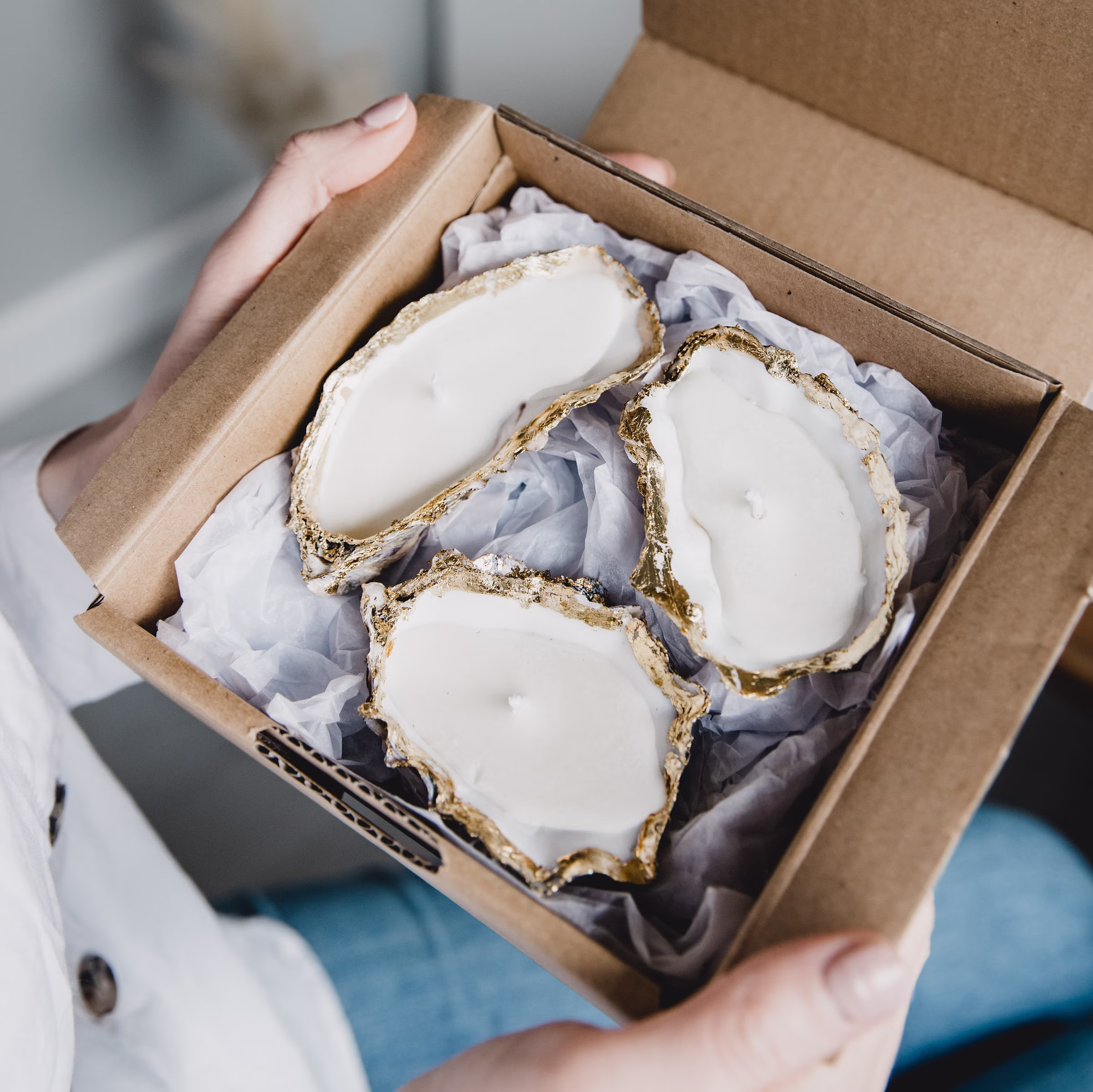 Gift Set Of 3 Recycled Gold Lipped Oyster Shell Candles