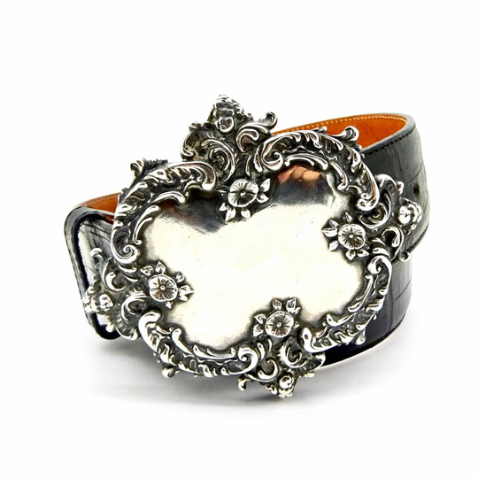 Foree Sterling Silver Belt Buckle Vintage Embossed Calfskin