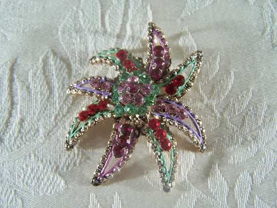 Vintage Yellow Gold Tone Enameled Domed Floral Multi Round Rhinestone Aurora Borealis Art Deco Style Pin Pendant Brooch