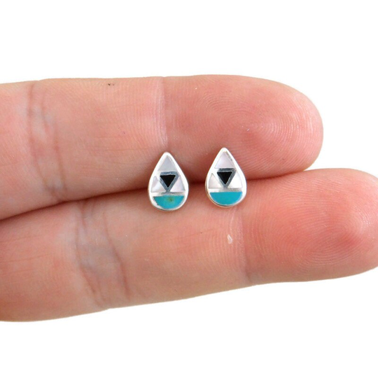 Turquoise Teardrop Earrings in Sterling Silver, Mother Of Pearl Earrings, Inlay Stone Studs