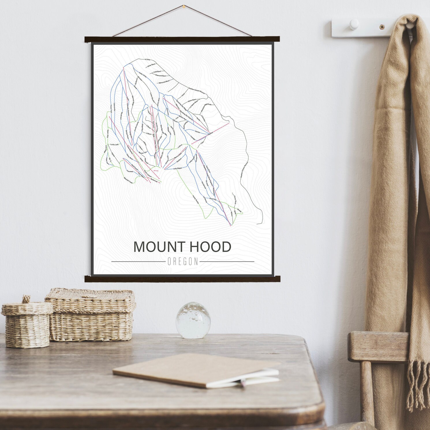 Mount Hood Oregon Ski Trail Map | Hanging Canvas Of Printed Marketplace
