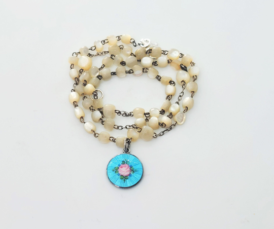 Antique Guilloche Enamel Pendant Mother Of Pearl Rosary Beads Necklace French Sterling Silver