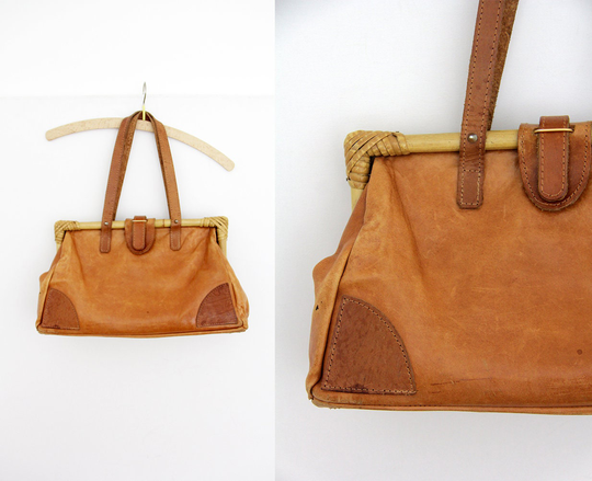 Vintage Purse // 70's Brown Leather & Bamboo Bag Doctor Handbag