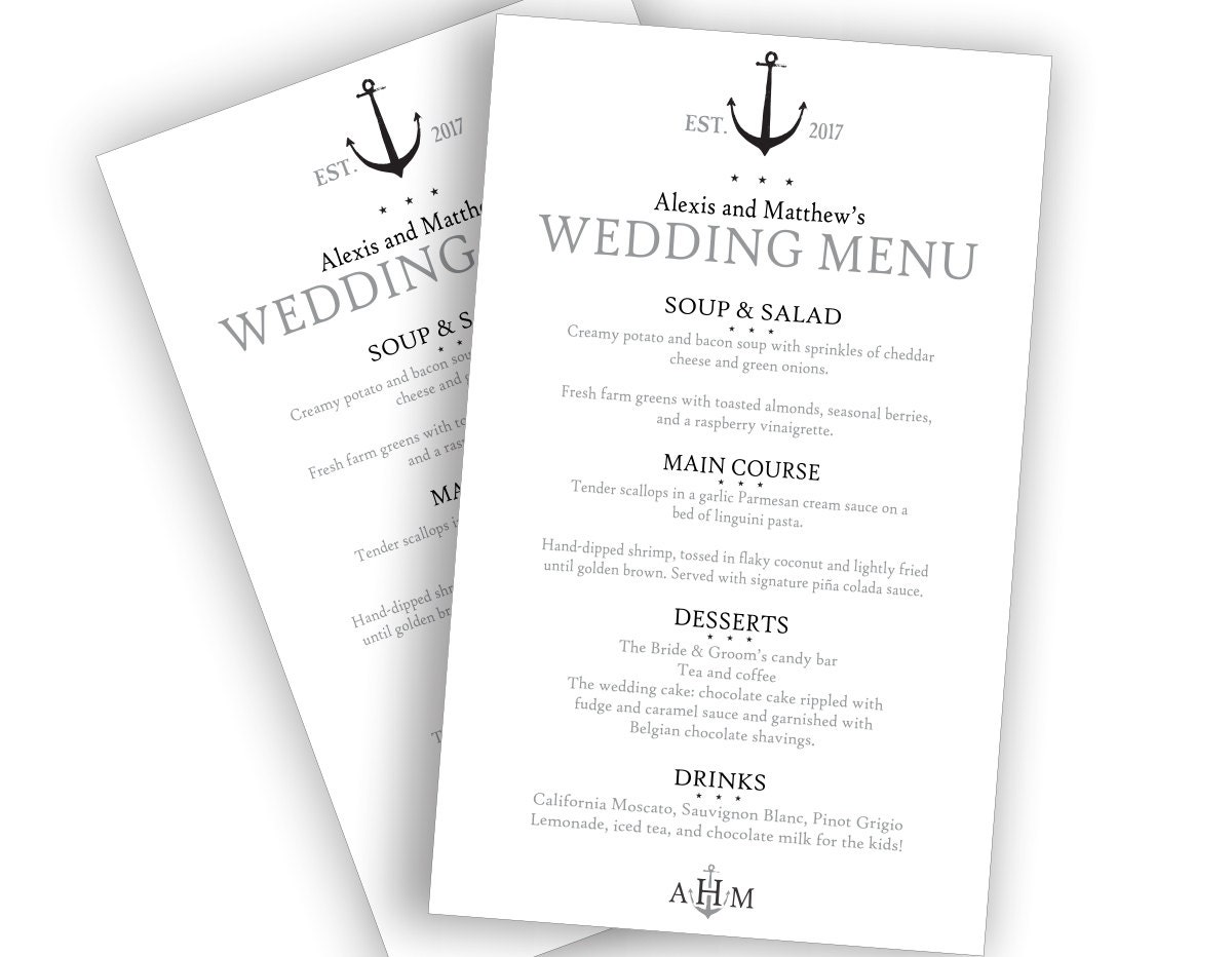 Nautical Wedding Menus - Beautiful Personalized Menu Cards Supplies Printed #wdim-150B