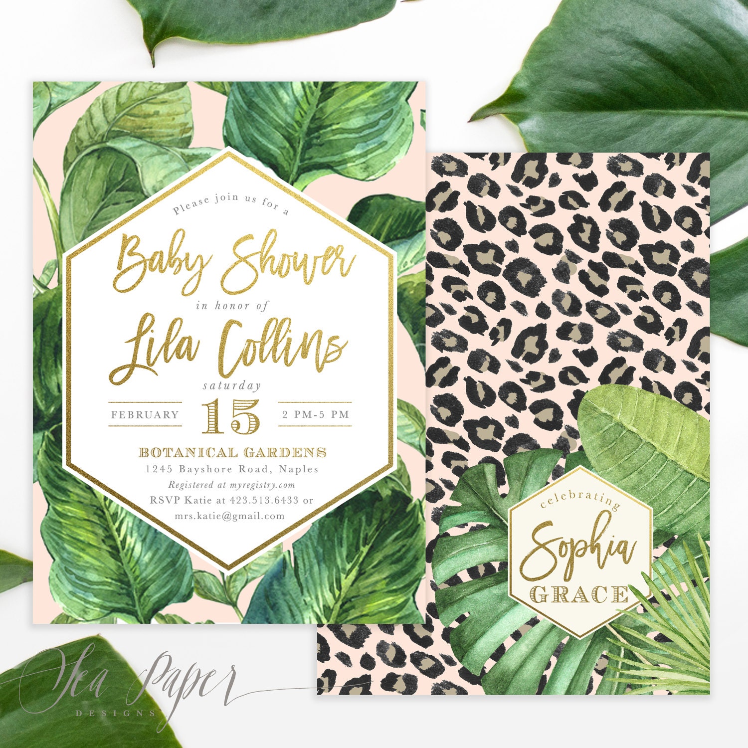 Glam Safari, Jungle Baby Shower Invitation, Tropical Leaves, Cheetah/Leopard Print, Gold Modern Blush Pink Party Invite - Lila