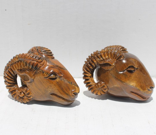 Tigereye Ram Head Hand-Carved Rock, Golden Chatoyant Stone, Round Horn, Climb Cliffs, Animal, Display, Zoo, Aries