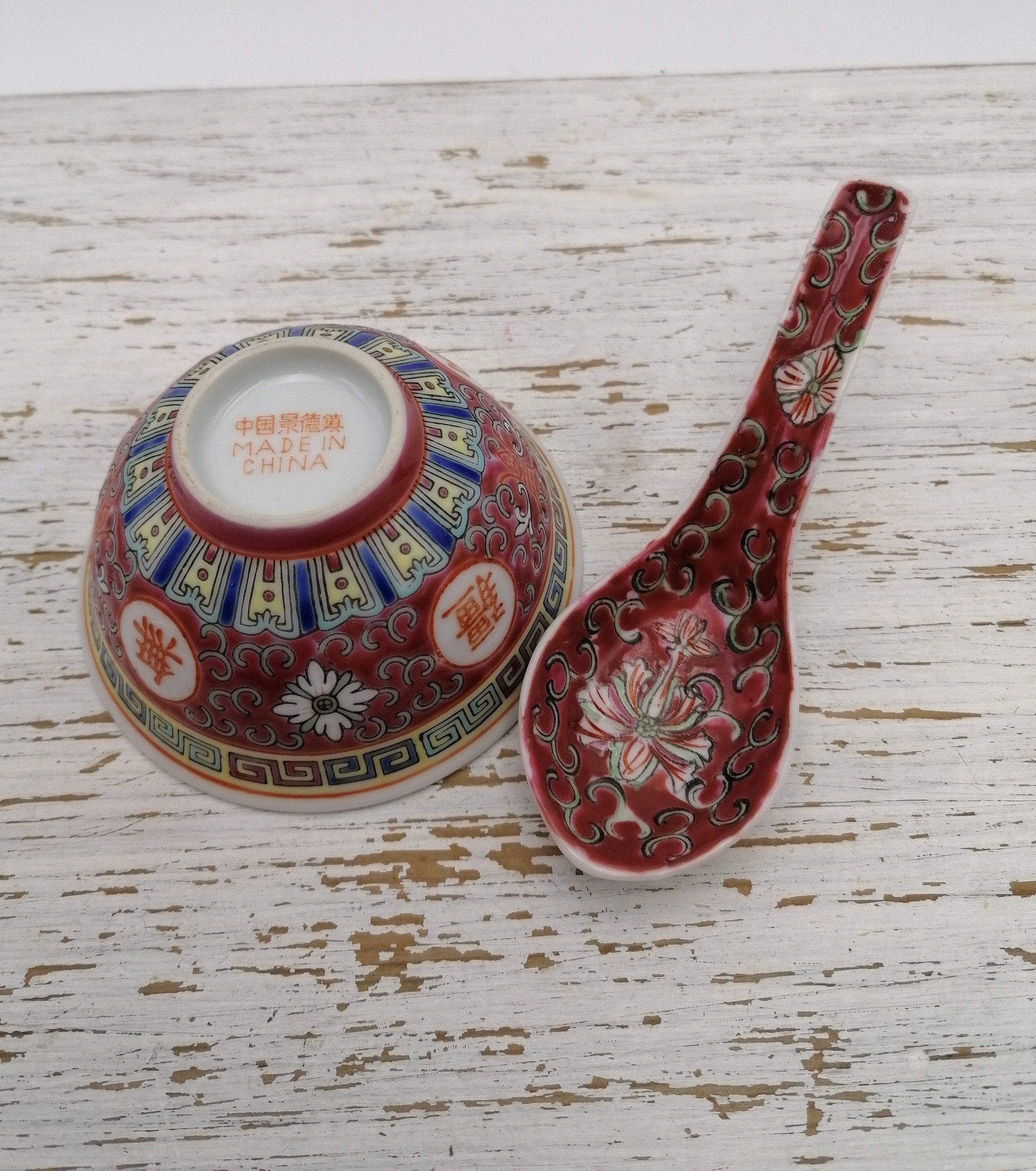 Set Of 1 Small Chinese Soup Bowls With Spoon , Red Cinese Noodle Bowl Spoons, Oriental Set, Asian Bowl, Mun Shou Cookware
