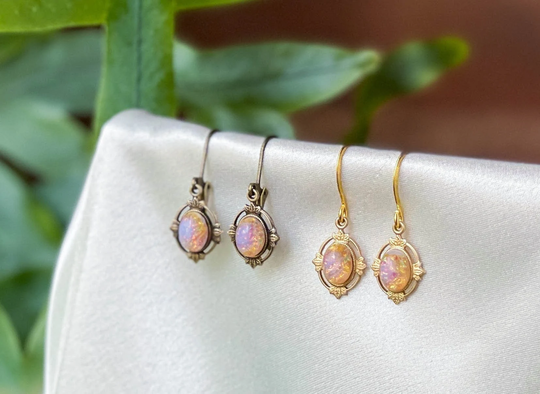 Pink Fire Opal Earrings, Victorian Jewelry, Dainty Gold Medallion Crystal Teardrop Gift For Her