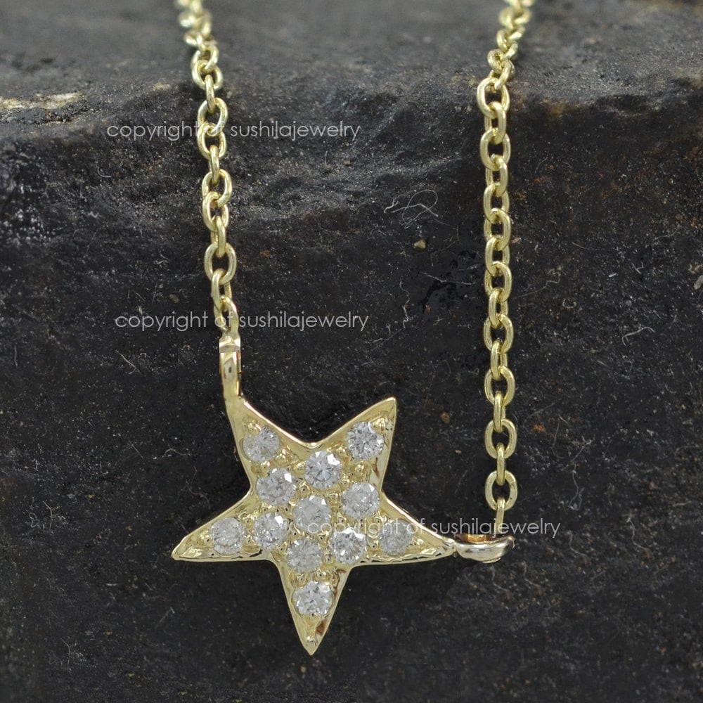 Solid 14K Yellow Gold Genuine Si Clarity G-H Color Pave Diamond Star Minimalist Pendant Necklace Handmade Fine Jewelry Gift