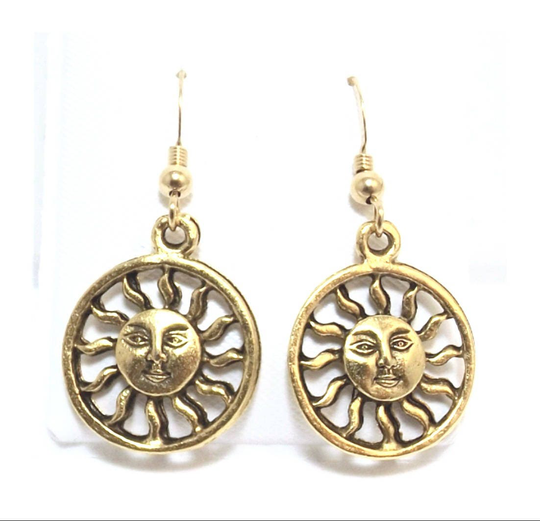 Gold Tone Pewter Smiling Sun Charms On Filled Ear Wire Dangle Earrings-5392