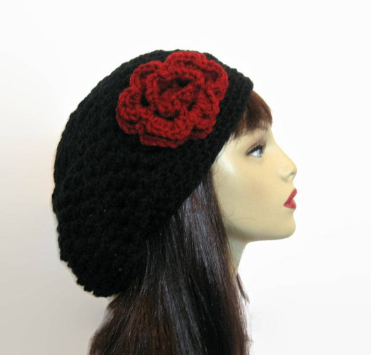 Black Slouch Beanie With Flower Slouchy Hat Crochet Women's Hat Tam Slouchy Beret