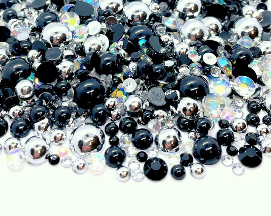 Black Diamond Blend Rhinestone Mix 2mm-10mm Flatback Jelly Resin | Faux Pearls Rhinestones Mixed Sizes White Silver