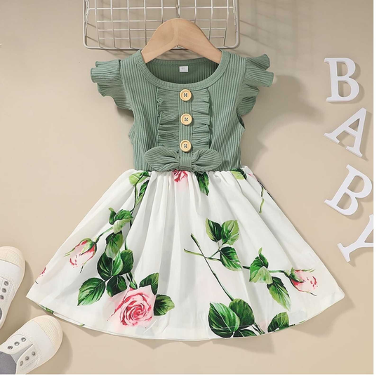 Baby Toddler Girls Floral Print Summer Dress Ribbed Ruffled Button Design Short Sleeves Free Shipping
