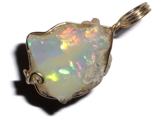 Natural Opal Necklace | 15 Ct Raw Ethiopian Birthstone Gift, Rainbow Gemstone For Wife Jewelry 14K Gold Golden Fire Rough Pendant
