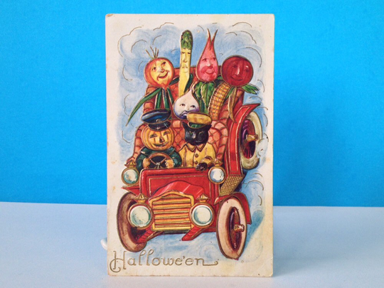 Vintage Embossed Halloween Black Cat & Vegetables in A Car Postcard