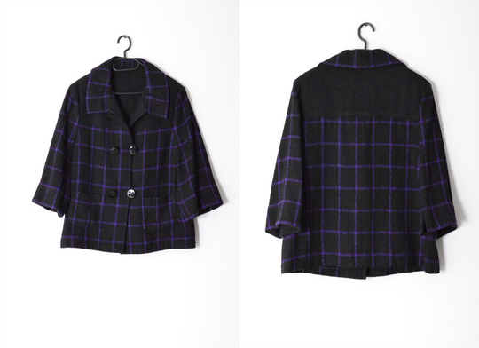 Y2K Black Purple Check Wool Blend 3/4 Sleeve Womens Jacket Size L