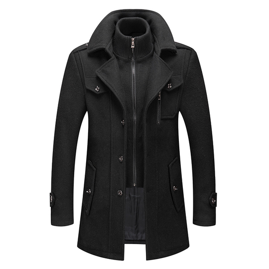 Men's Gentle Layered Collar Single Breasted Quilted Lined Wool Blend Pea Coat - black, L