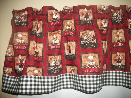 Fat Chef Cook Cafe Seafood Coffee Cup Checked Kitchen Fabric Curtain Valance
