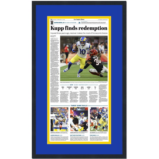 Framed Los Angeles Times Kupp Finds Redemption La Rams Super Bowl Lvi 56 Champions 14x24 Football Newspaper Cover Photo Professionally