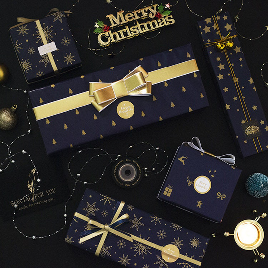 Wrapping Paper Coated With Gold Pattern On Navy Blue Background, Gifts Packing , Christmas,20" X 28" | 50 70 cm