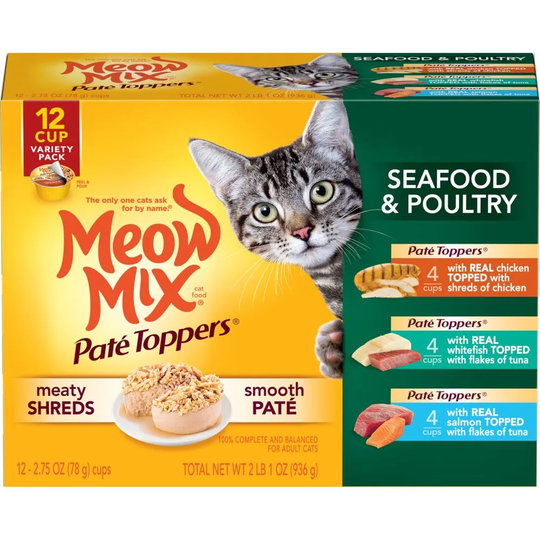 Meow Mix Meaty Pate Toppers Wet Cat Food, Seafood & Poultry Variety - 12 pack