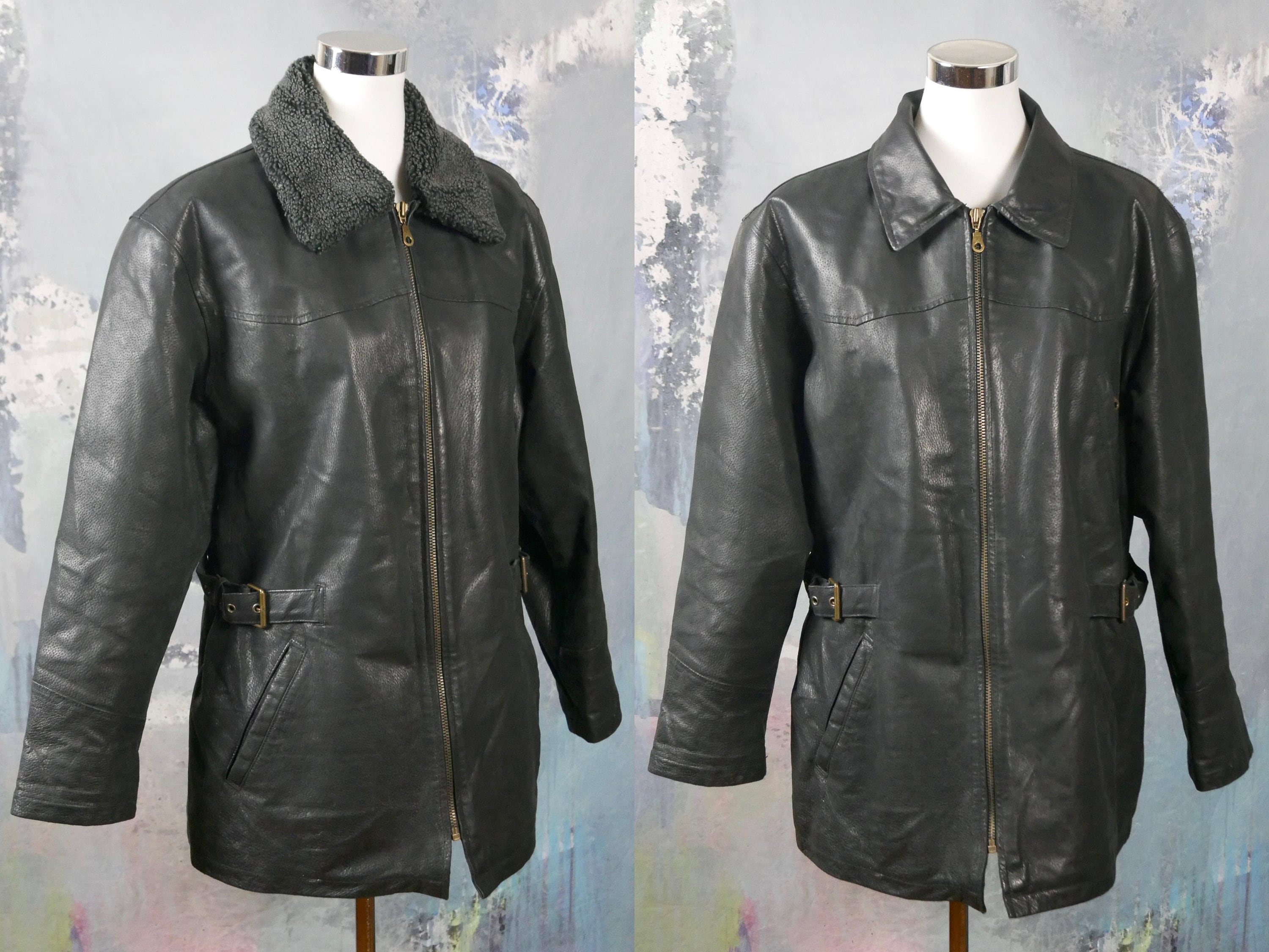 Black Leather Aviator Jacket, European Vintage Women's Genuine Zippered Jacket W Detachable Shearling Collar Size 16 Us, 20 Uk
